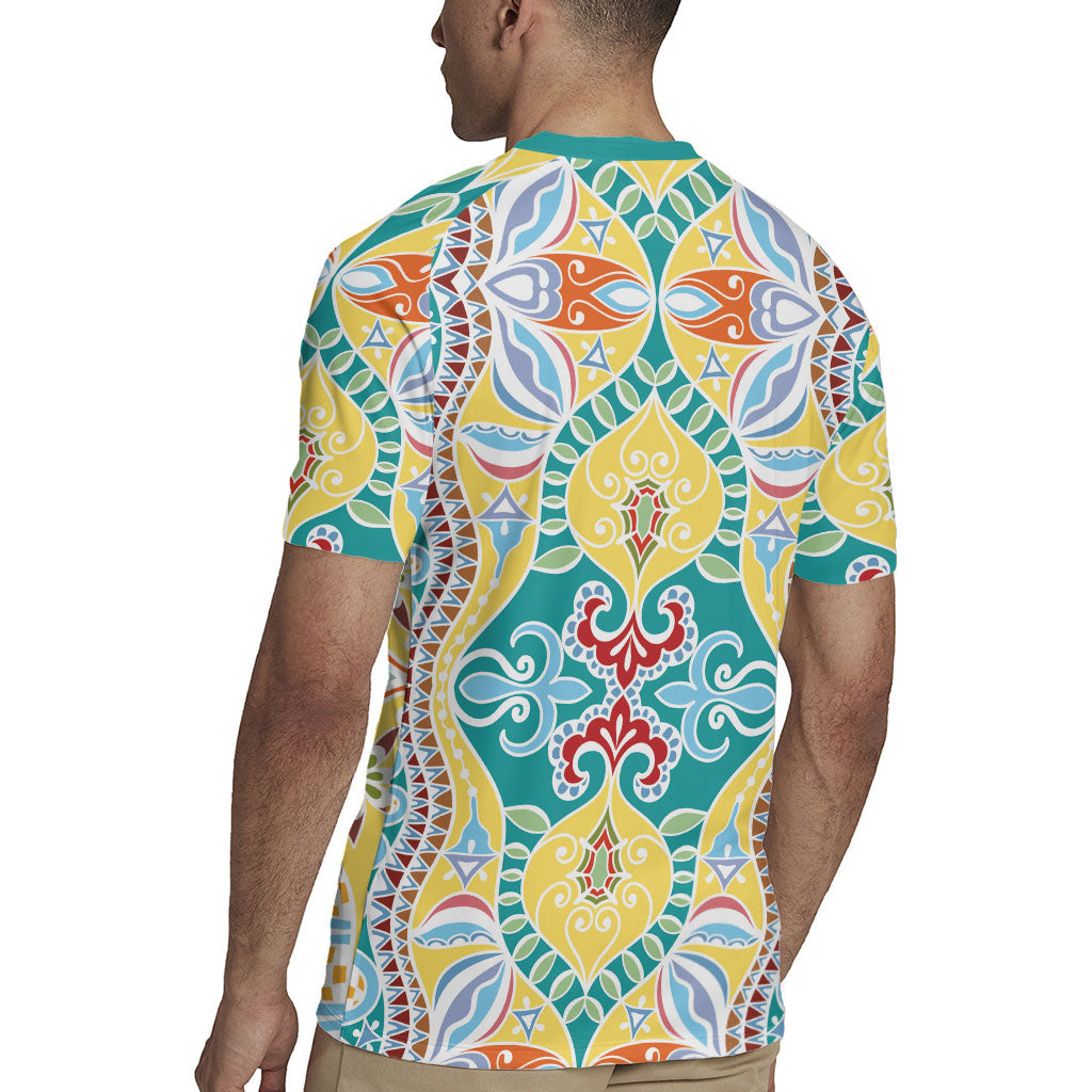 Indian Mandala Pattern Rugby Jersey Yellow Geometric Floral Mandala