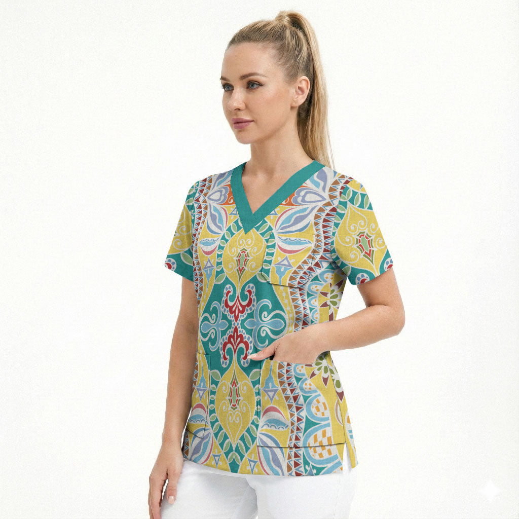 Indian Mandala Pattern Scrub Top Yellow Geometric Floral Mandala