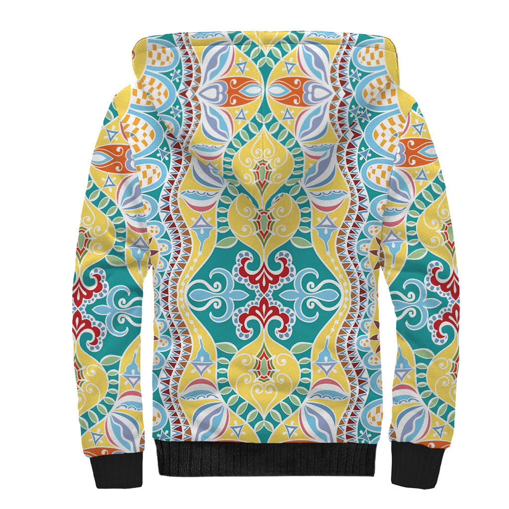 Indian Mandala Pattern Sherpa Hoodie Yellow Geometric Floral Mandala