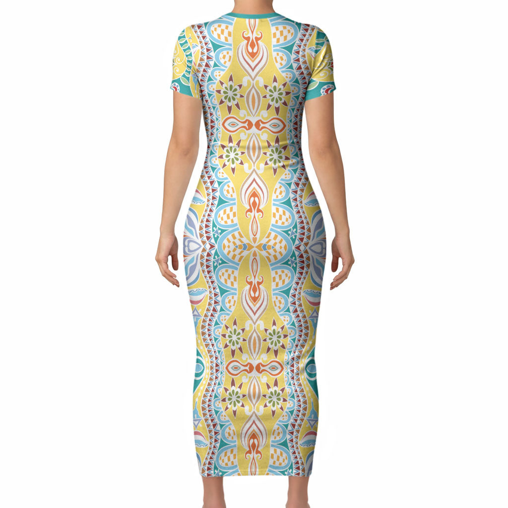Indian Mandala Pattern Short Sleeve Bodycon Dress Yellow Geometric Floral Mandala