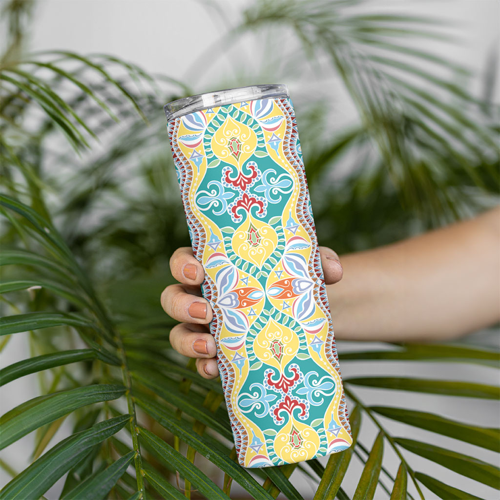 Indian Mandala Pattern Skinny Tumbler Yellow Geometric Floral Mandala