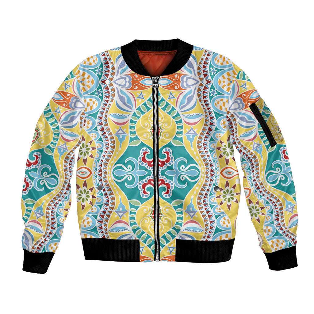 Indian Mandala Pattern Sleeve Zip Bomber Jacket Yellow Geometric Floral Mandala