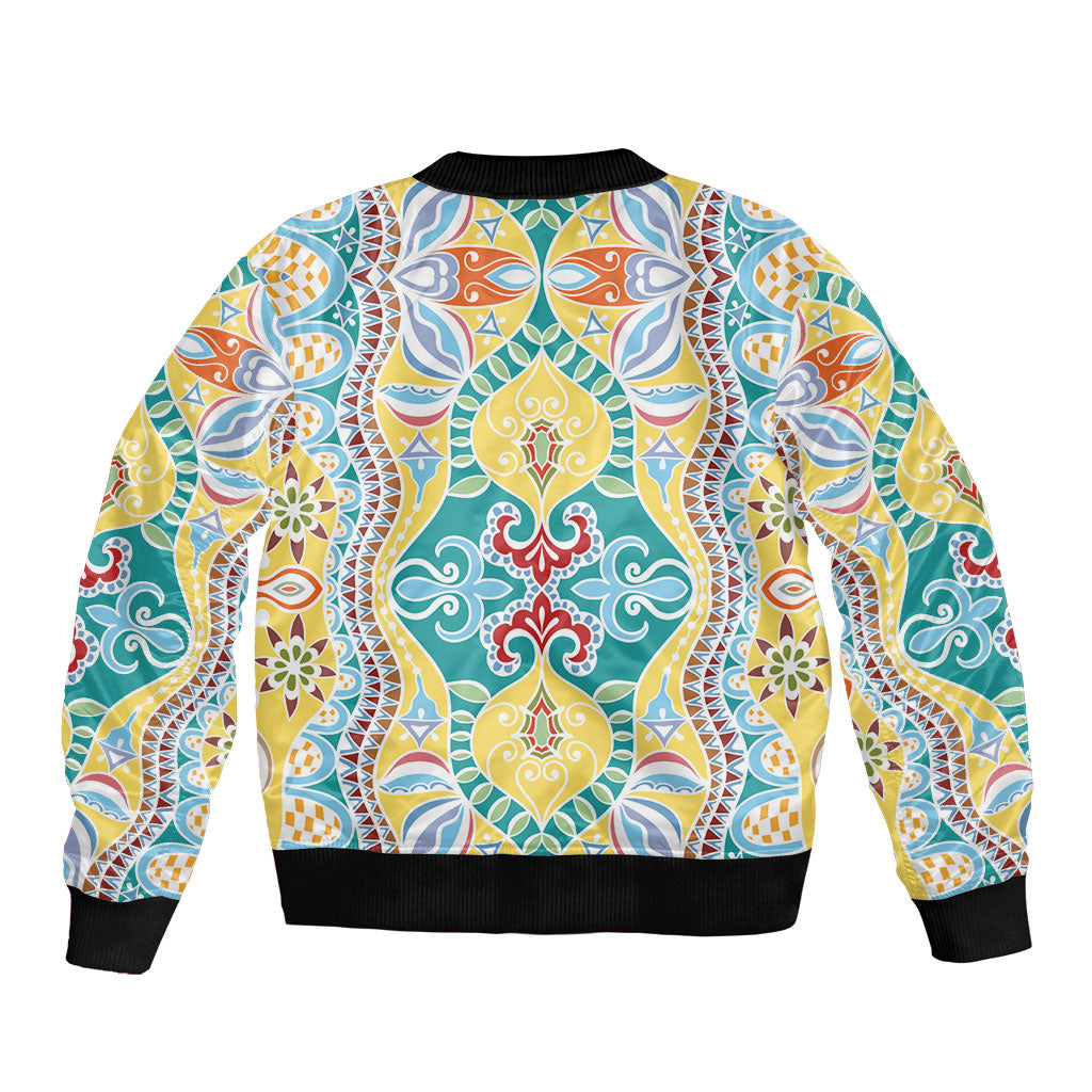 Indian Mandala Pattern Sleeve Zip Bomber Jacket Yellow Geometric Floral Mandala
