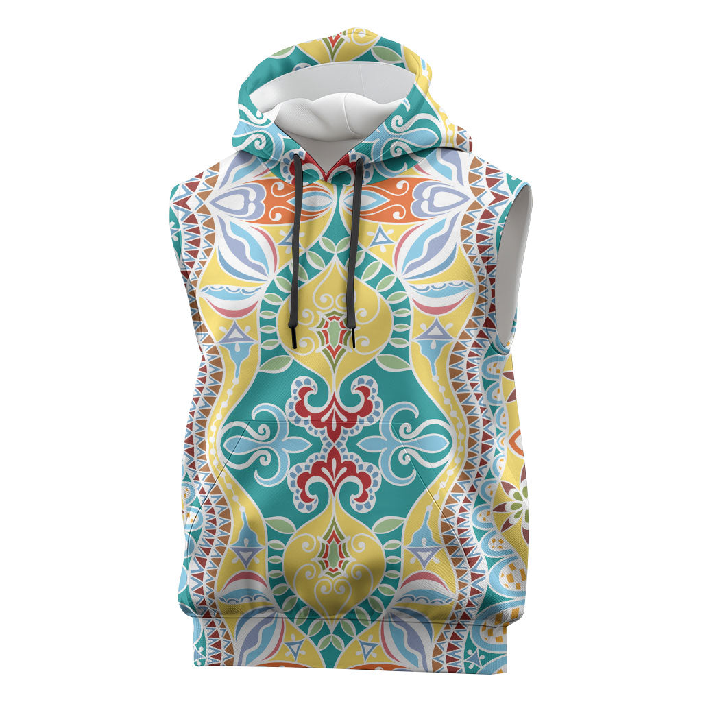 Indian Mandala Pattern Sleeveless Hoodie Yellow Geometric Floral Mandala