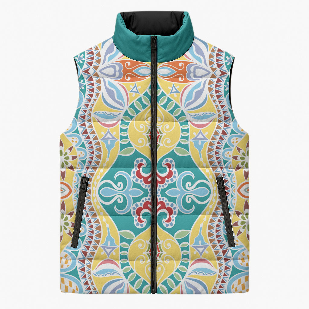 Indian Mandala Pattern Sleeveless Puffer Jacket Yellow Geometric Floral Mandala