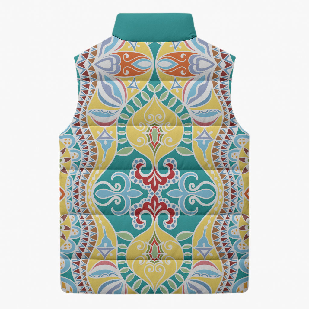 Indian Mandala Pattern Sleeveless Puffer Jacket Yellow Geometric Floral Mandala