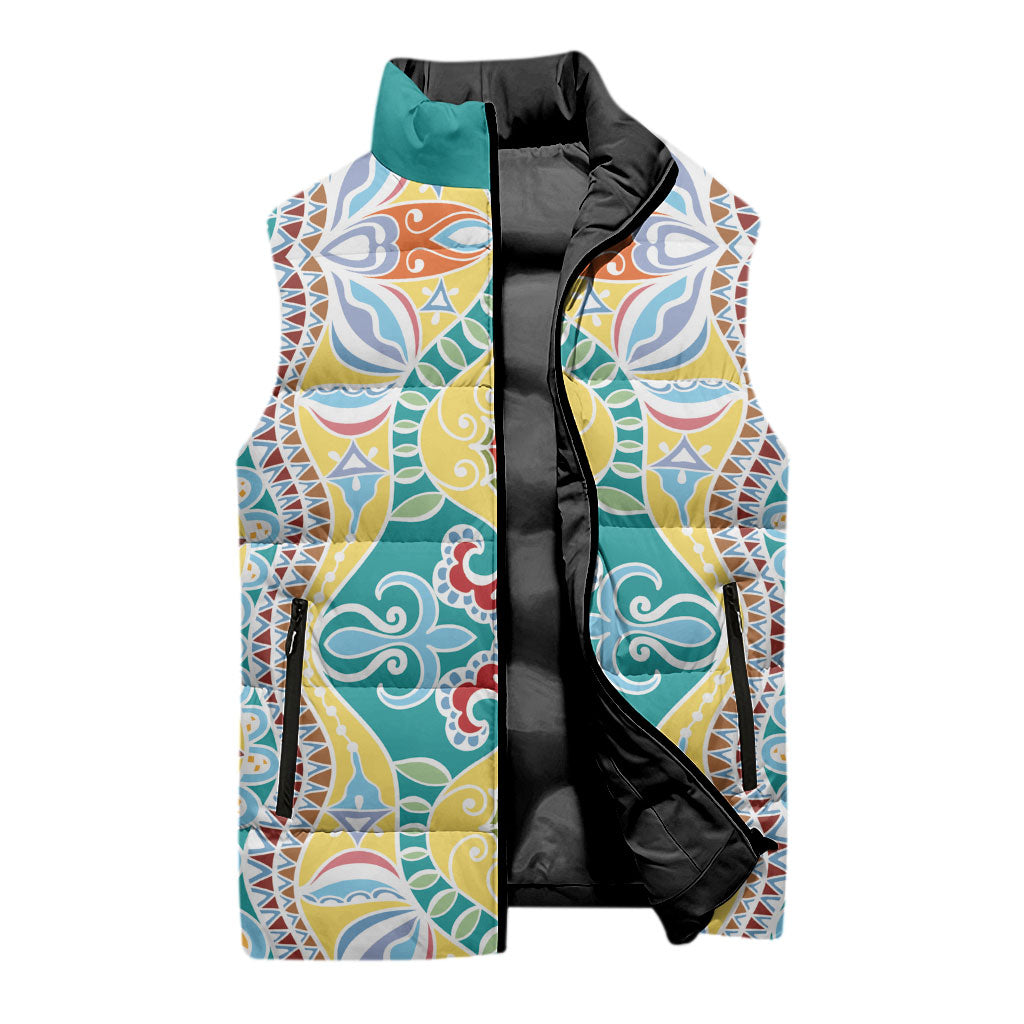Indian Mandala Pattern Sleeveless Puffer Jacket Yellow Geometric Floral Mandala