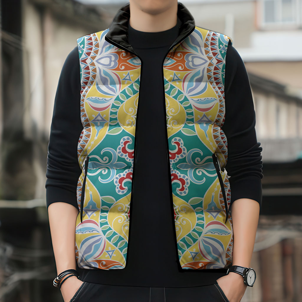 Indian Mandala Pattern Sleeveless Puffer Jacket Yellow Geometric Floral Mandala