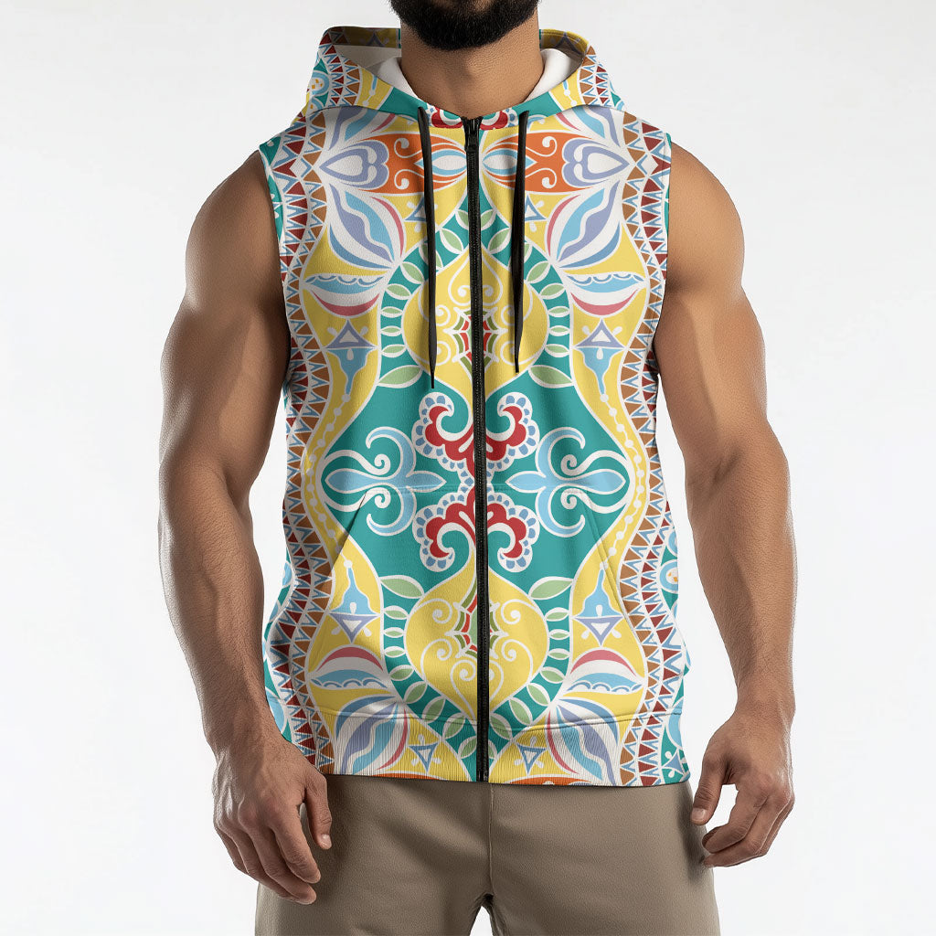 Indian Mandala Pattern Sleeveless Zip Hoodie Yellow Geometric Floral Mandala