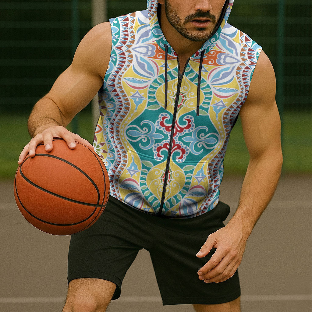 Indian Mandala Pattern Sleeveless Zip Hoodie Yellow Geometric Floral Mandala