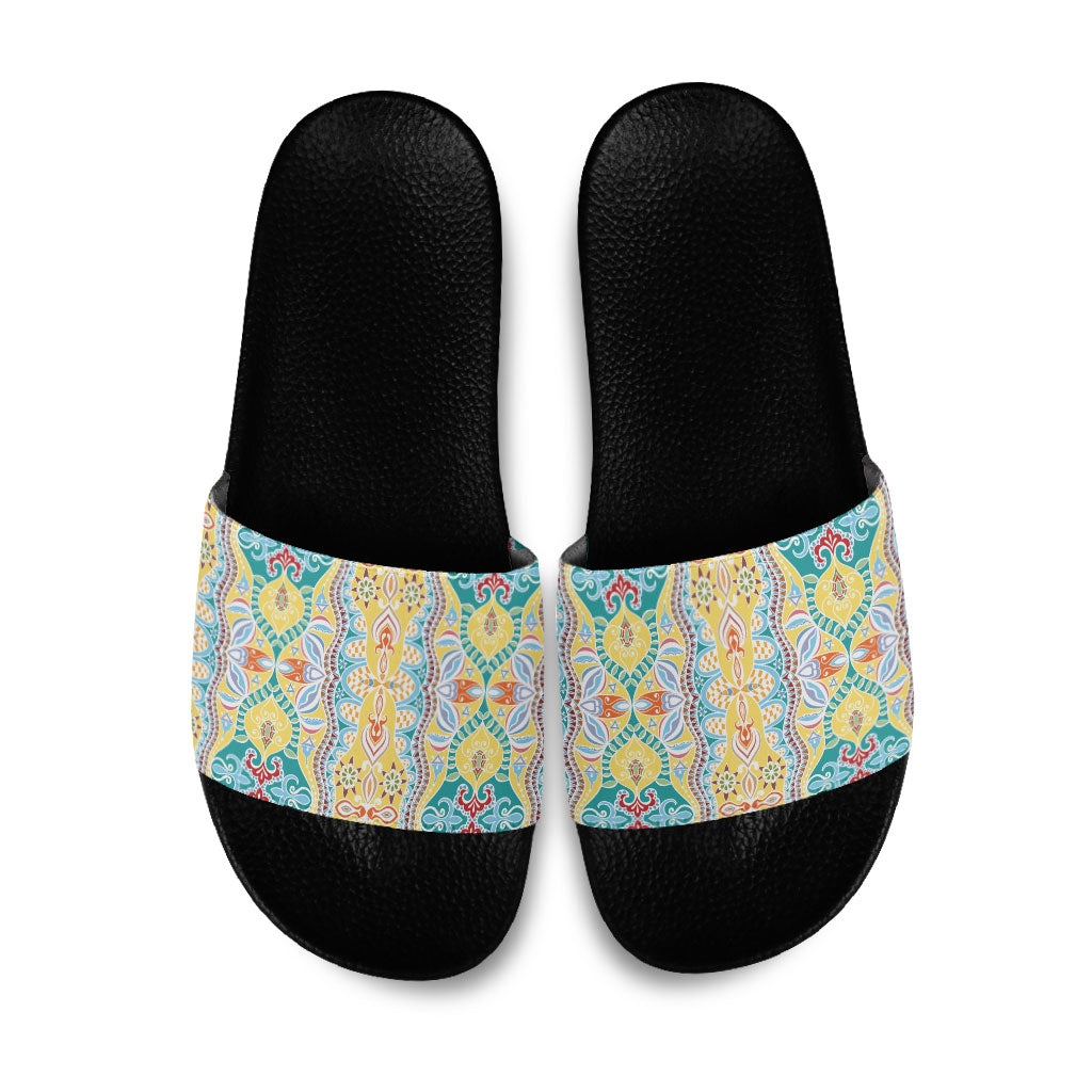 Indian Mandala Pattern Slide Sandals Yellow Geometric Floral Mandala