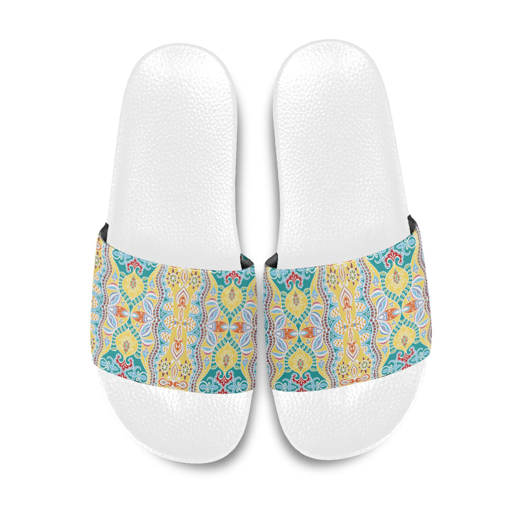Indian Mandala Pattern Slide Sandals Yellow Geometric Floral Mandala
