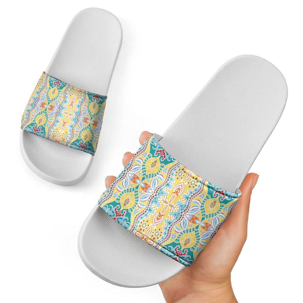 Indian Mandala Pattern Slide Sandals Yellow Geometric Floral Mandala