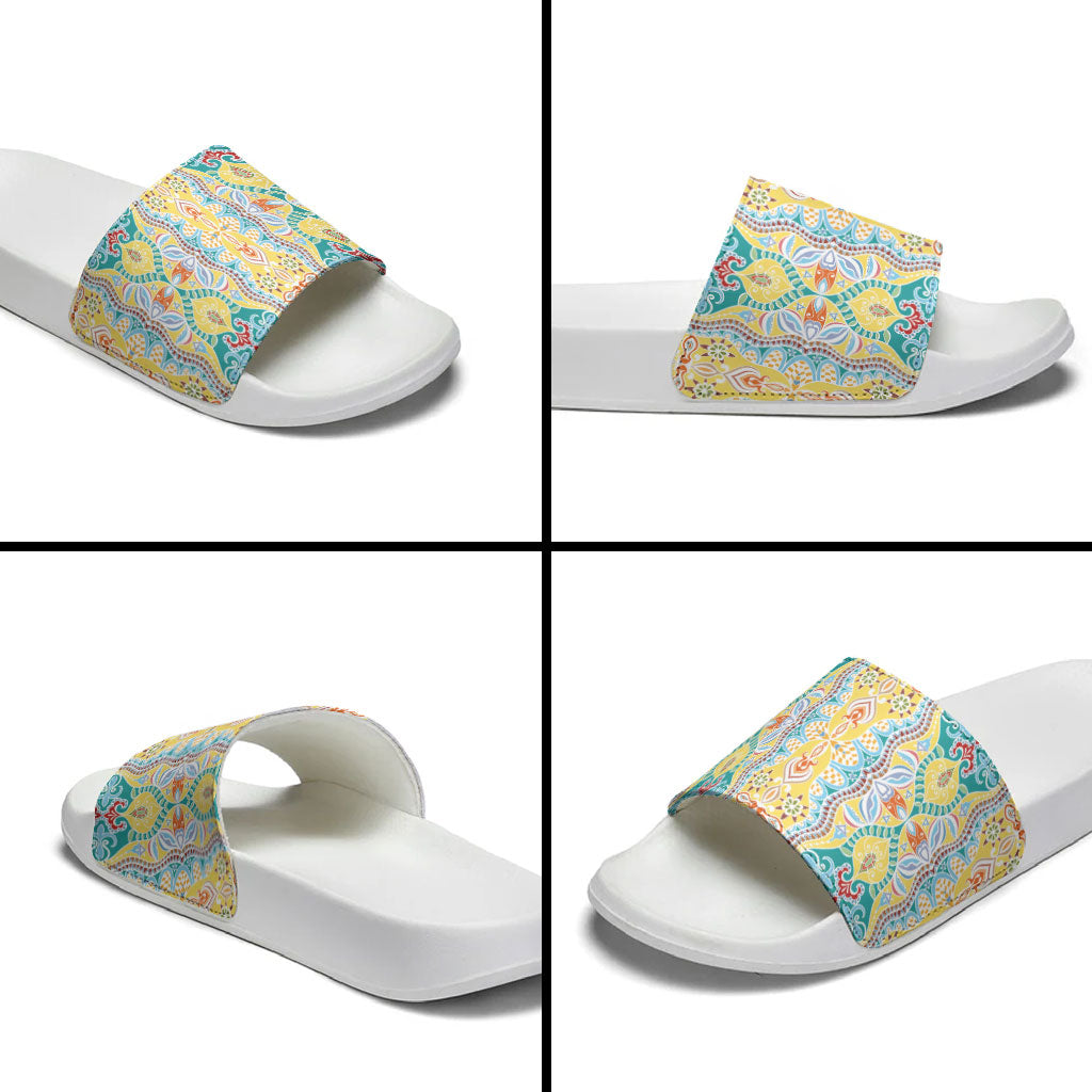 Indian Mandala Pattern Slide Sandals Yellow Geometric Floral Mandala
