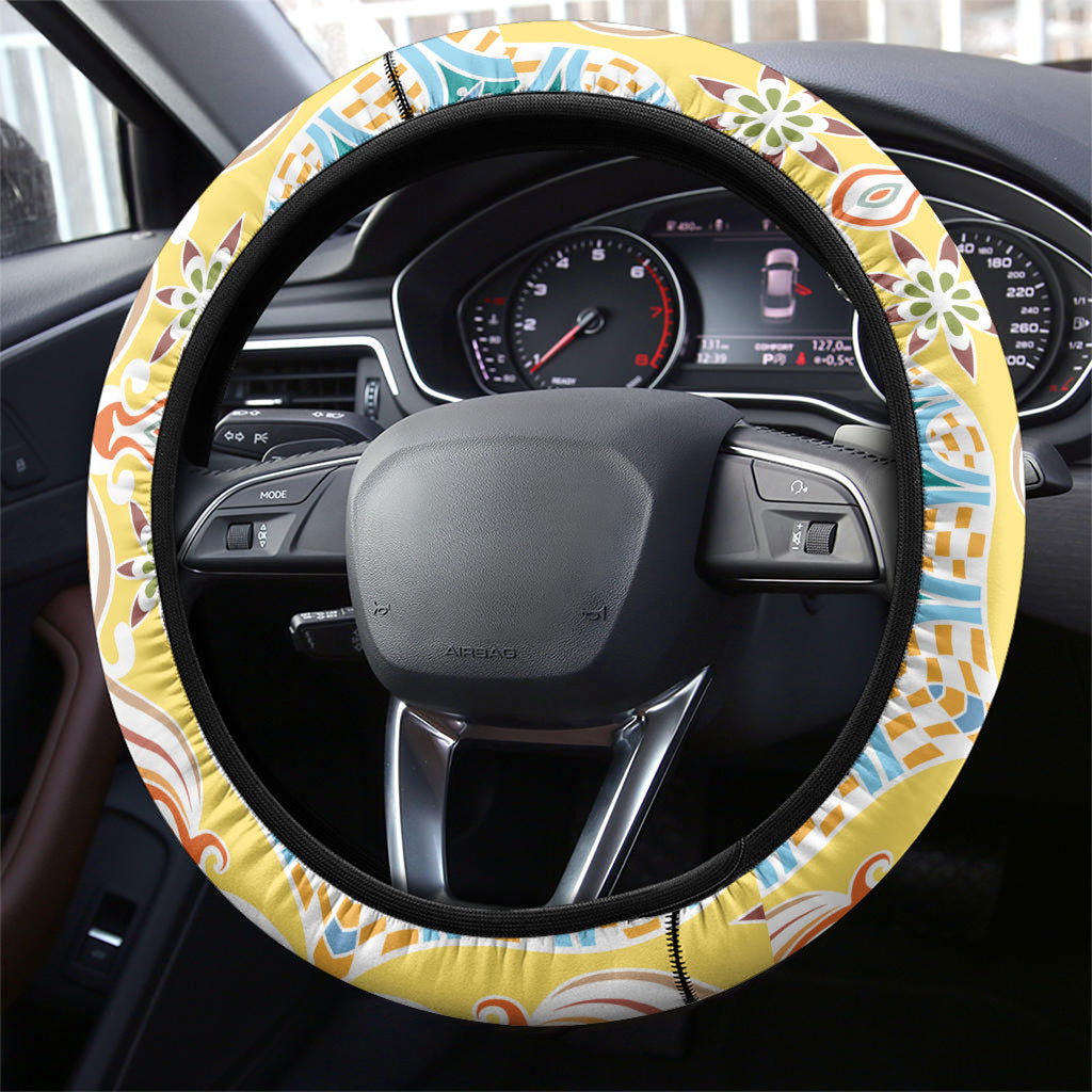 Indian Mandala Pattern Steering Wheel Cover Yellow Geometric Floral Mandala