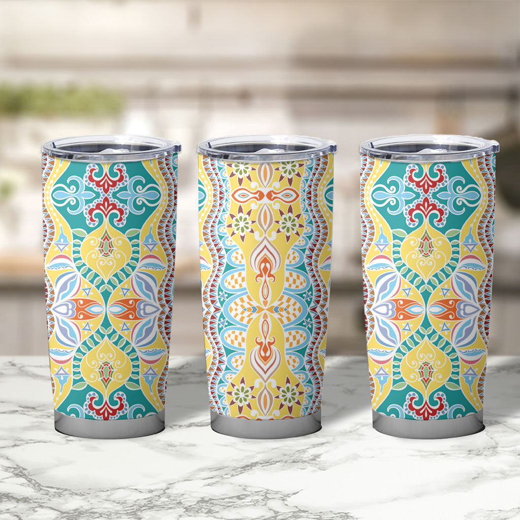 Indian Mandala Pattern Tumbler Cup Yellow Geometric Floral Mandala