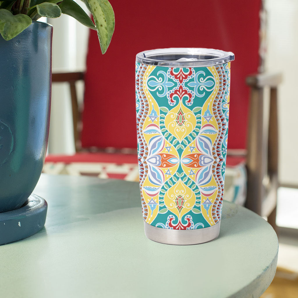 Indian Mandala Pattern Tumbler Cup Yellow Geometric Floral Mandala