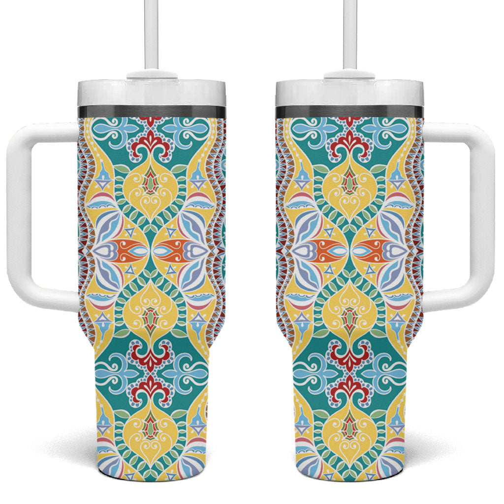 Indian Mandala Pattern Tumbler With Handle Yellow Geometric Floral Mandala