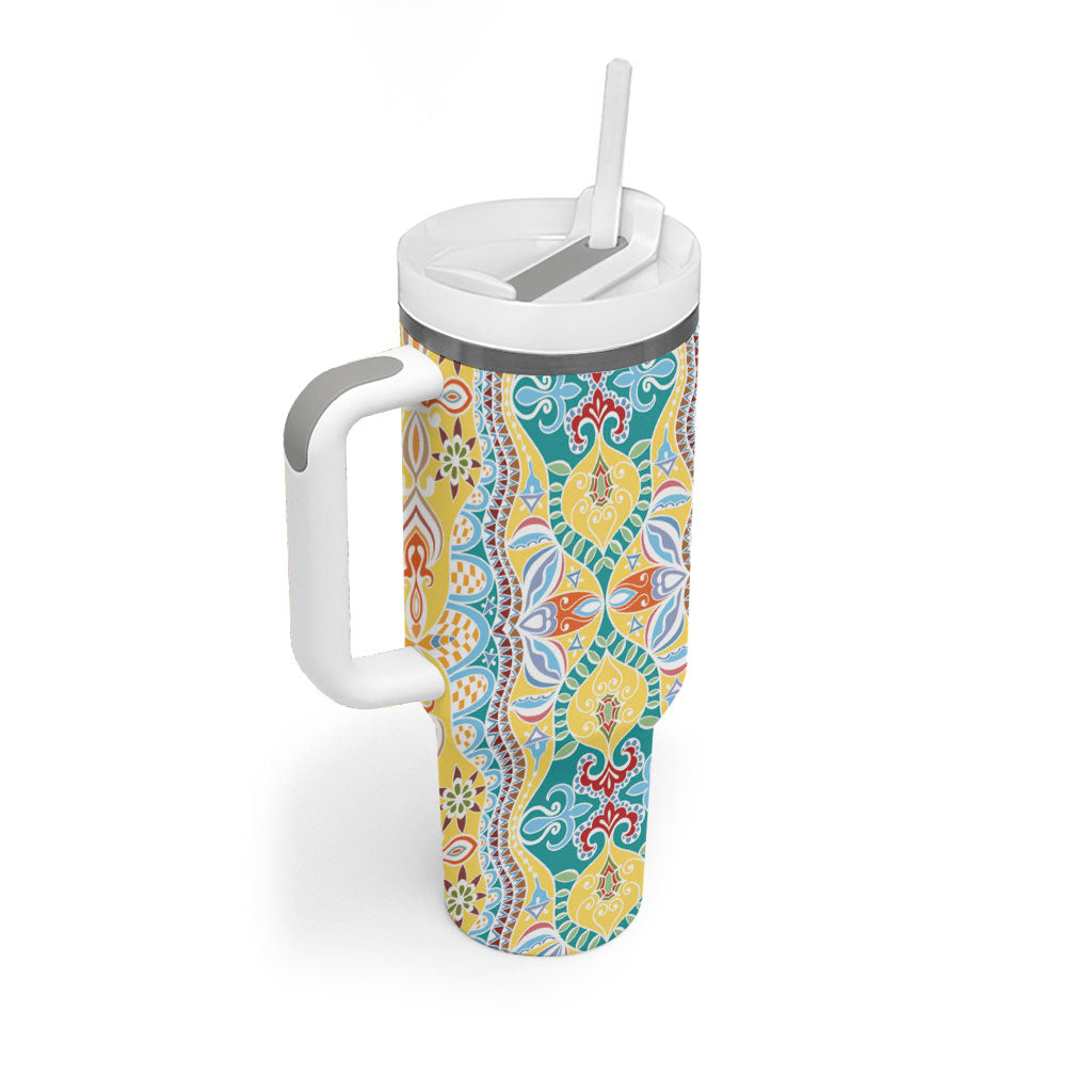 Indian Mandala Pattern Tumbler With Handle Yellow Geometric Floral Mandala
