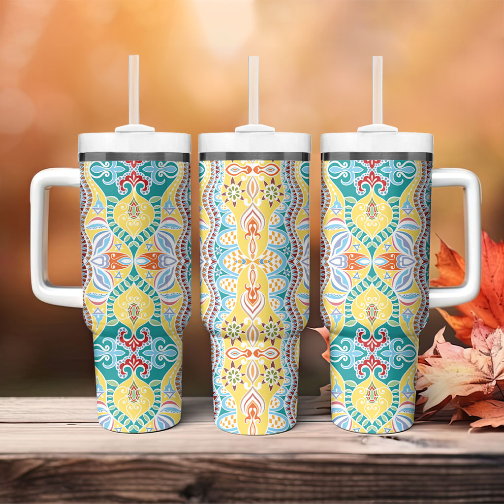 Indian Mandala Pattern Tumbler With Handle Yellow Geometric Floral Mandala