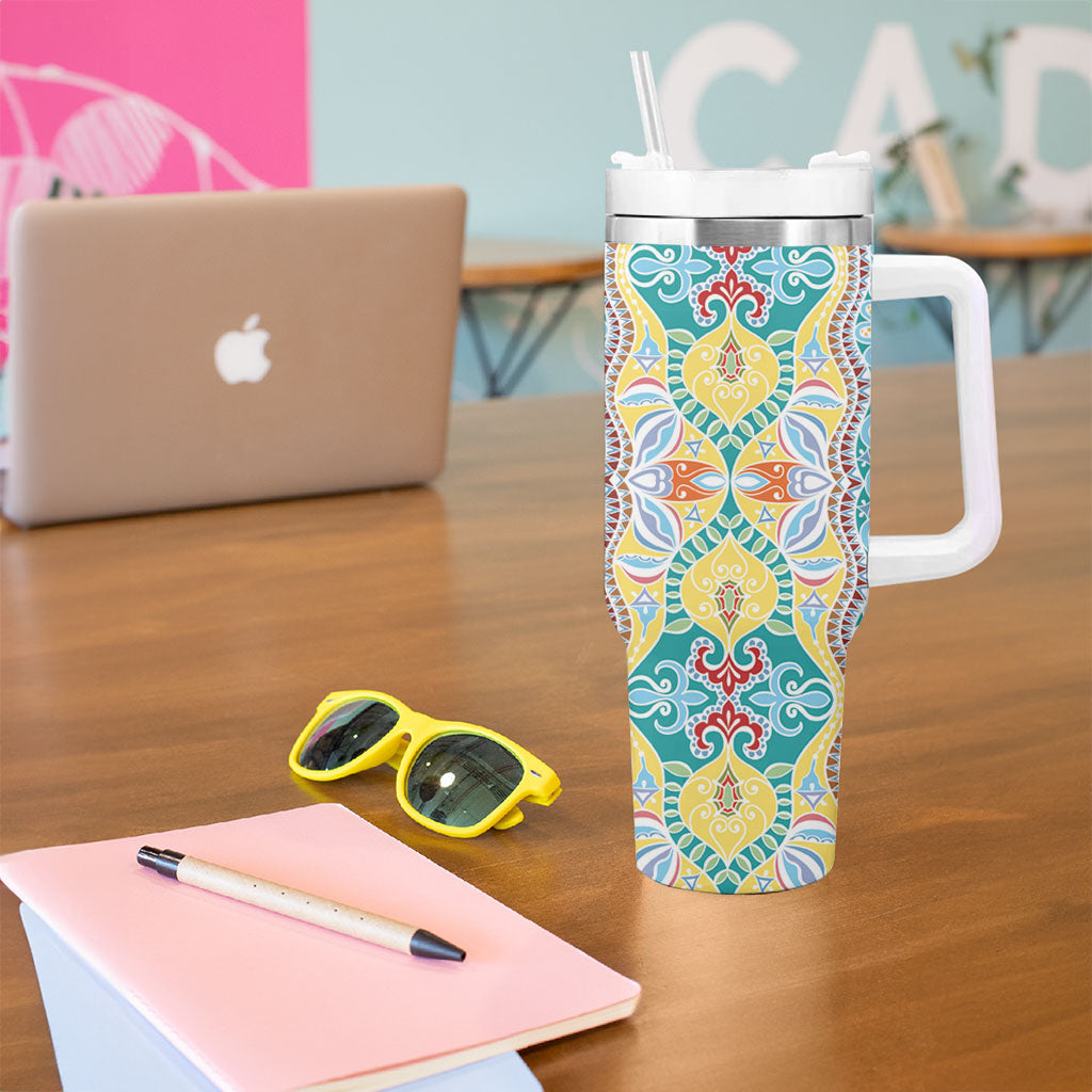 Indian Mandala Pattern Tumbler With Handle Yellow Geometric Floral Mandala