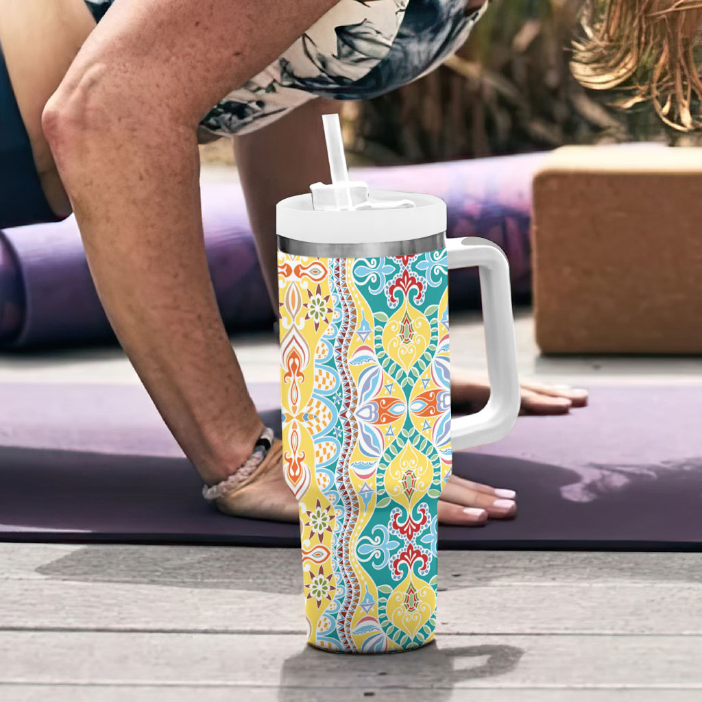 Indian Mandala Pattern Tumbler With Handle Yellow Geometric Floral Mandala