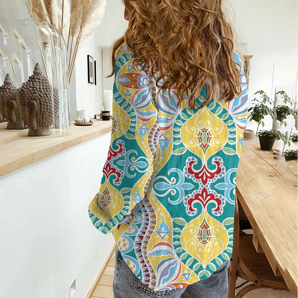 Indian Mandala Pattern Women Casual Shirt Yellow Geometric Floral Mandala