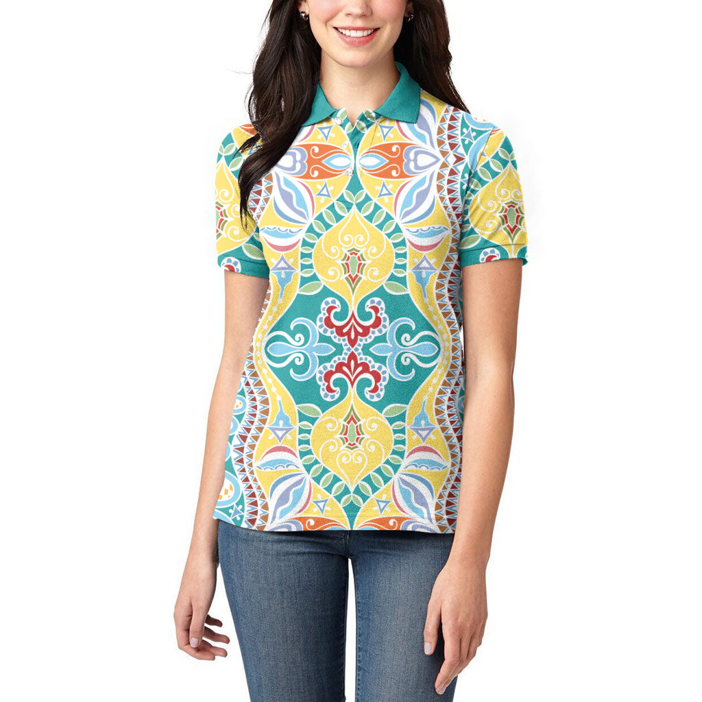 Indian Mandala Pattern Women Polo Shirt Yellow Geometric Floral Mandala