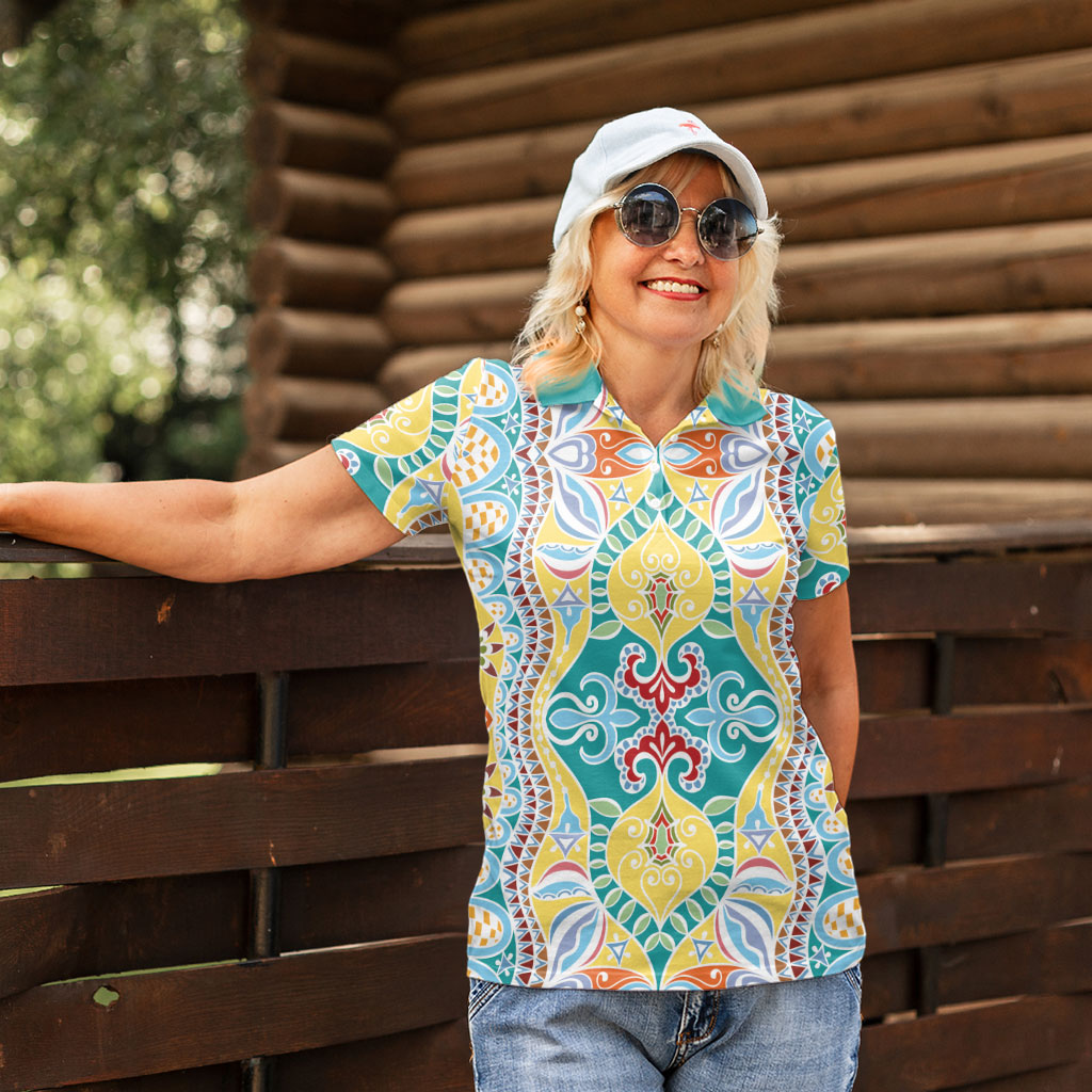 Indian Mandala Pattern Women Polo Shirt Yellow Geometric Floral Mandala