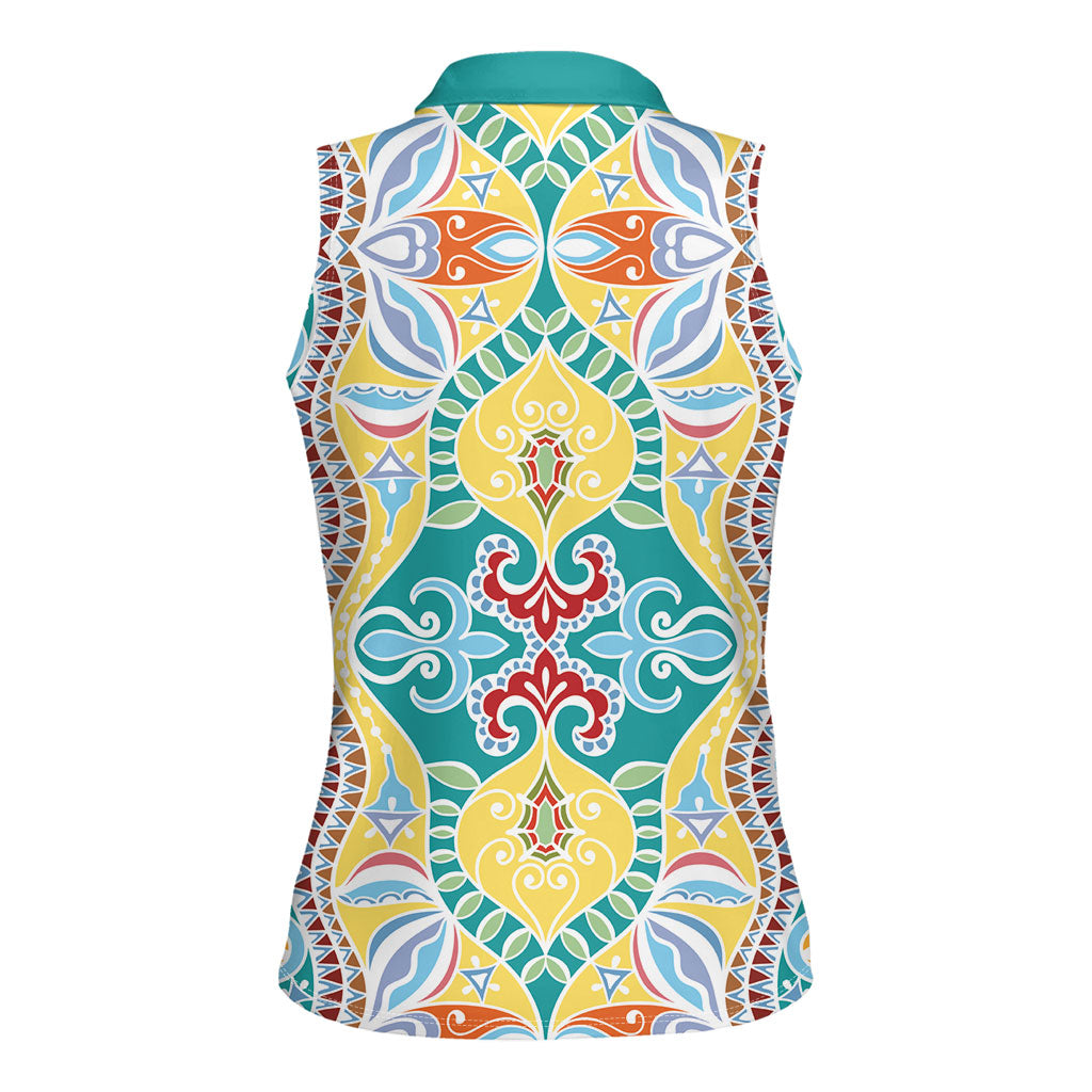 Indian Mandala Pattern Women Sleeveless Polo Shirt Yellow Geometric Floral Mandala