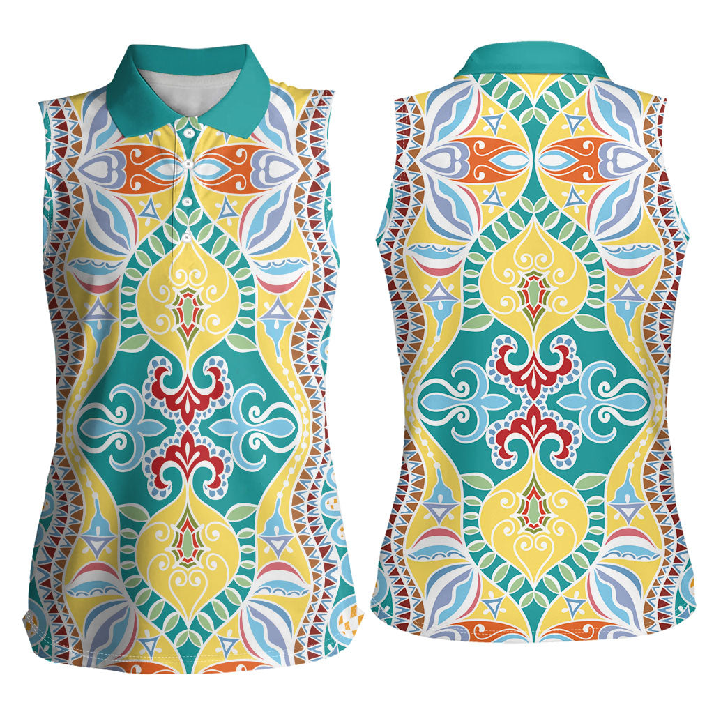 Indian Mandala Pattern Women Sleeveless Polo Shirt Yellow Geometric Floral Mandala