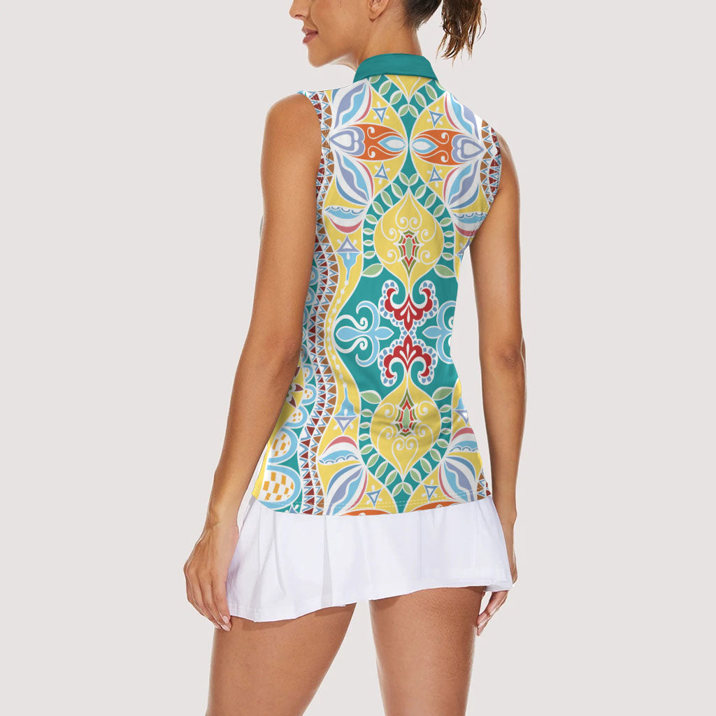 Indian Mandala Pattern Women Sleeveless Polo Shirt Yellow Geometric Floral Mandala