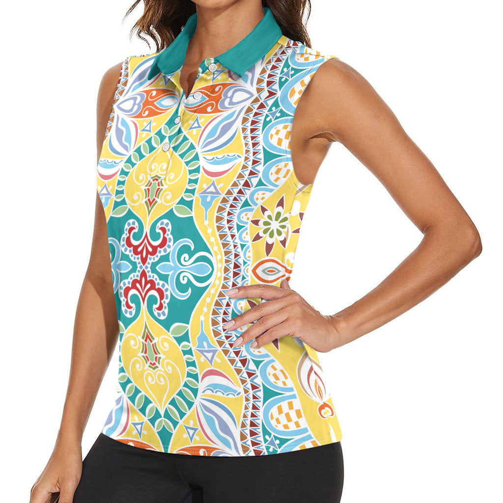 Indian Mandala Pattern Women Sleeveless Polo Shirt Yellow Geometric Floral Mandala