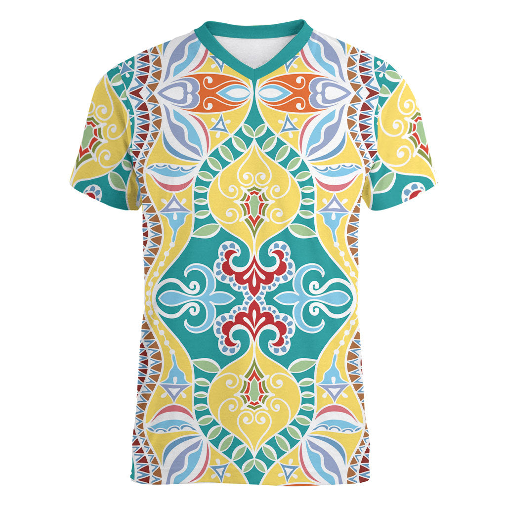 Indian Mandala Pattern Women V-Neck T-Shirt Yellow Geometric Floral Mandala