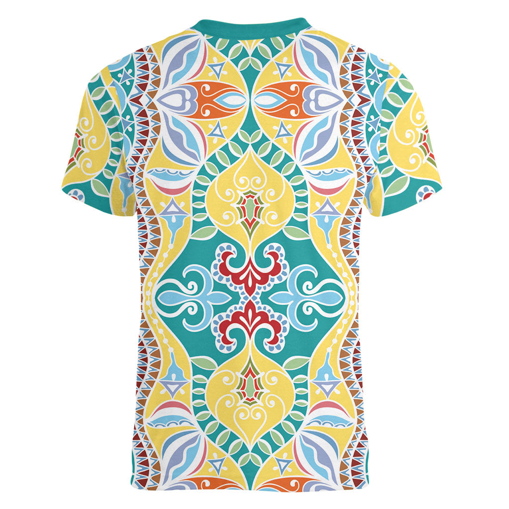Indian Mandala Pattern Women V-Neck T-Shirt Yellow Geometric Floral Mandala