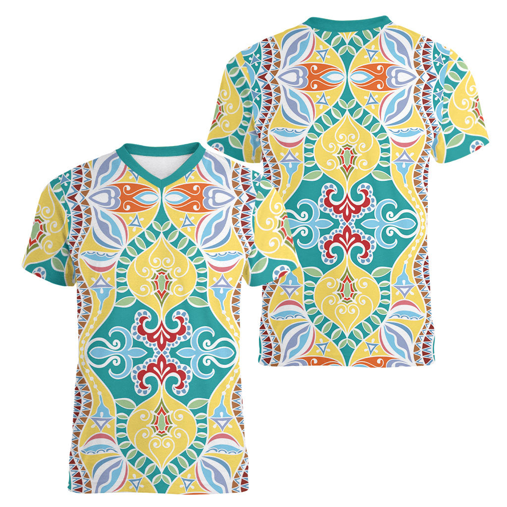 Indian Mandala Pattern Women V-Neck T-Shirt Yellow Geometric Floral Mandala