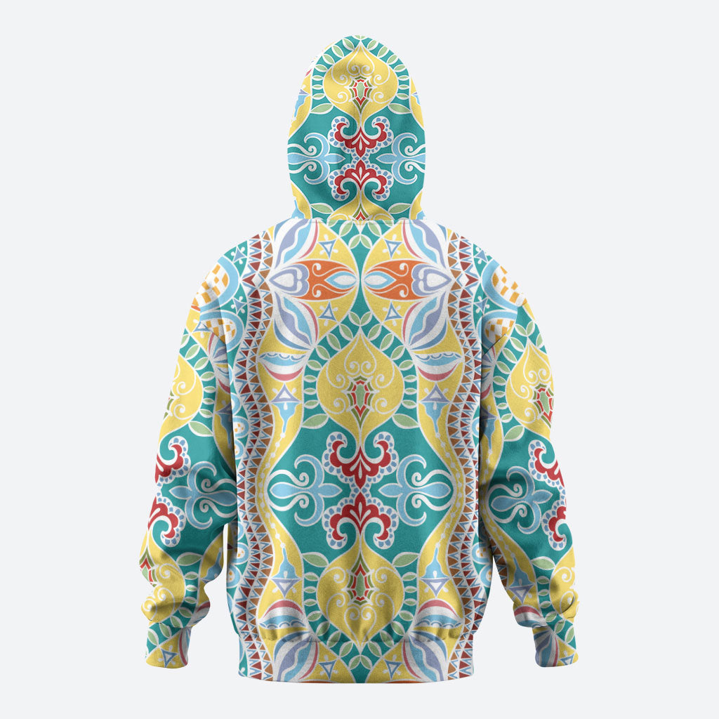 Indian Mandala Pattern Zip Hoodie Yellow Geometric Floral Mandala
