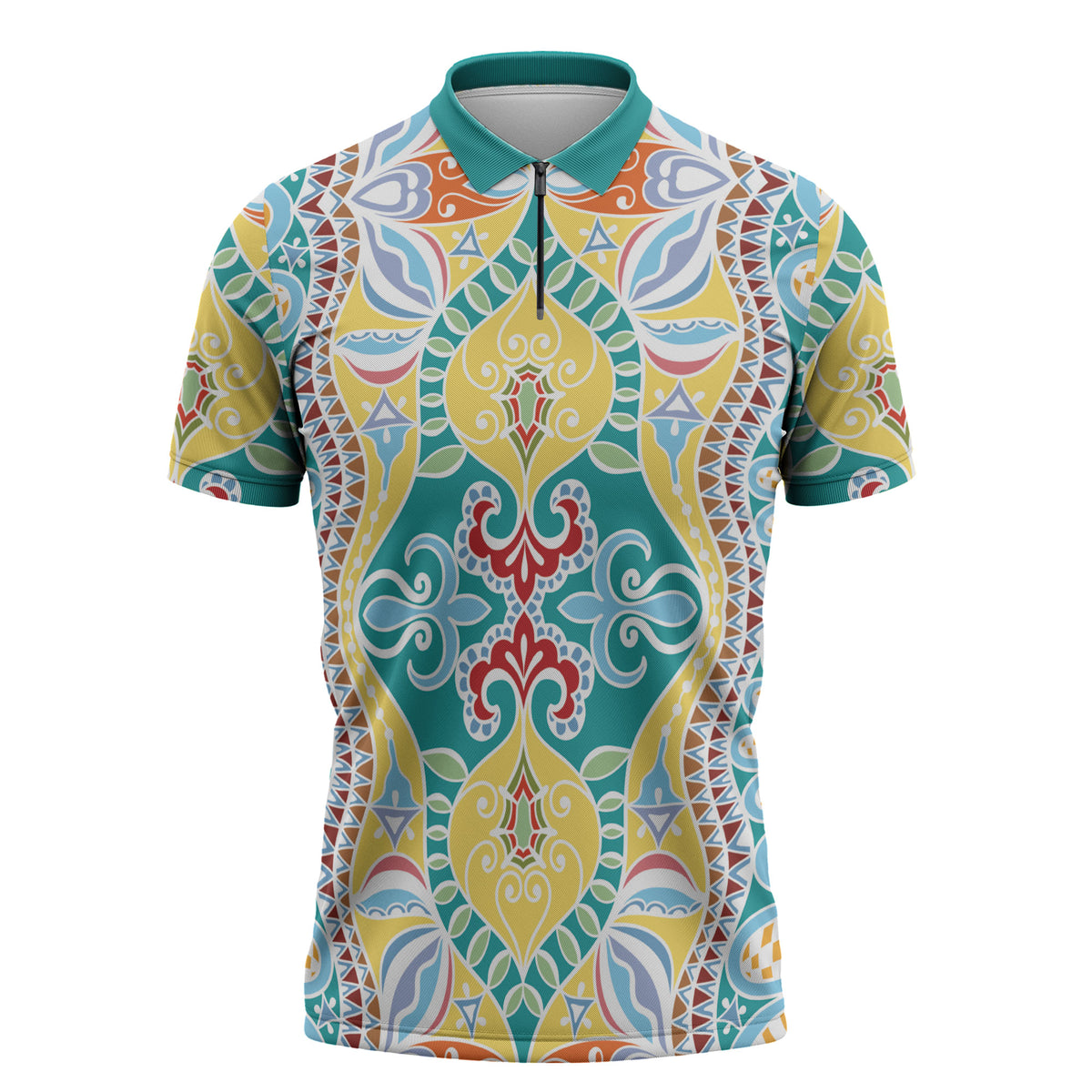 Indian Mandala Pattern Zipper Polo Shirt Yellow Geometric Floral Mandala