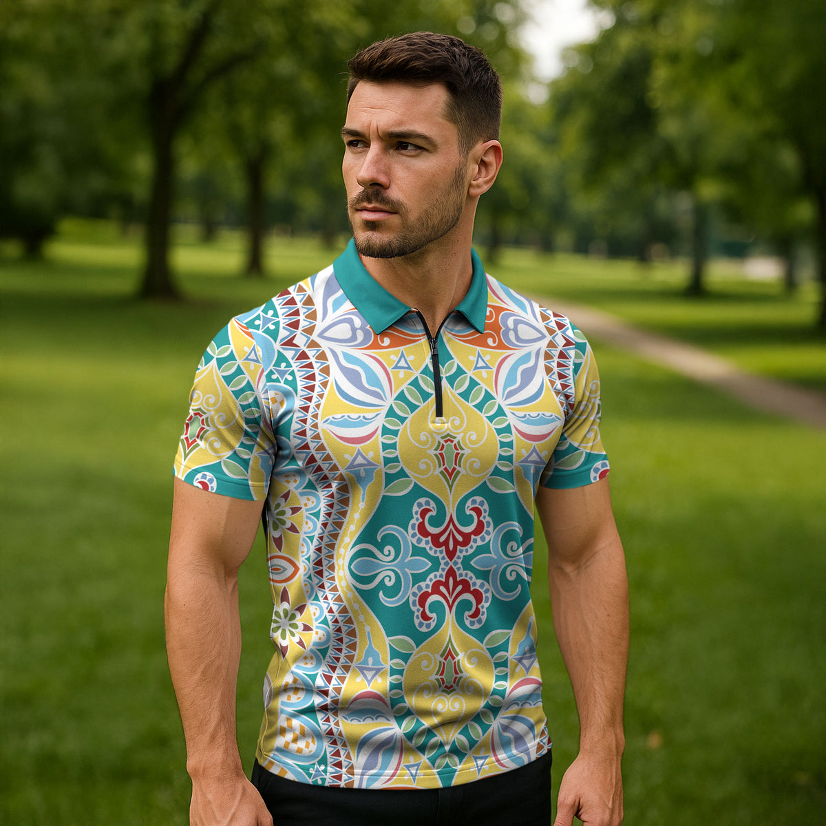 Indian Mandala Pattern Zipper Polo Shirt Yellow Geometric Floral Mandala