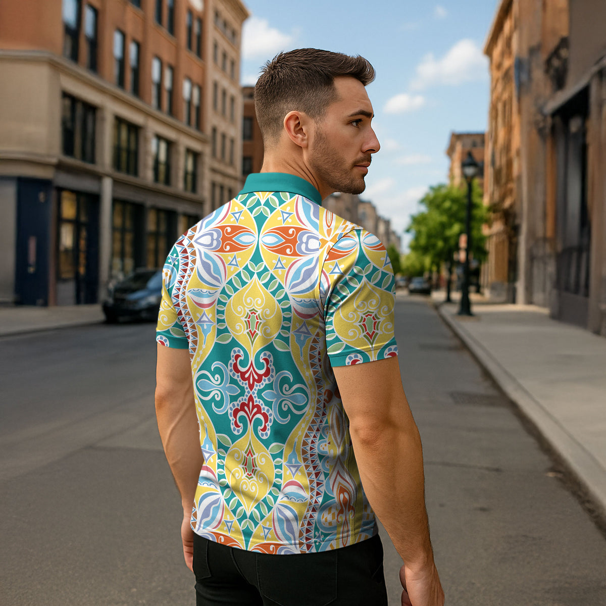 Indian Mandala Pattern Zipper Polo Shirt Yellow Geometric Floral Mandala