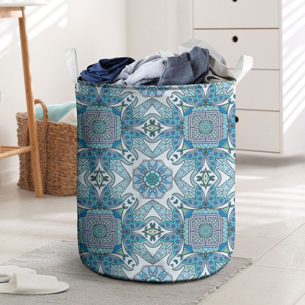 Indian Mandala Pattern Laundry Basket Blue Geometric Floral Mandala