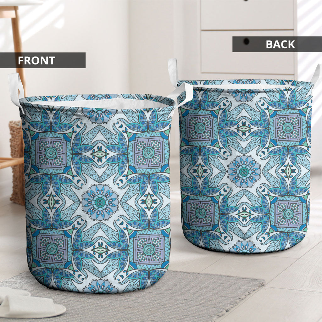Indian Mandala Pattern Laundry Basket Blue Geometric Floral Mandala