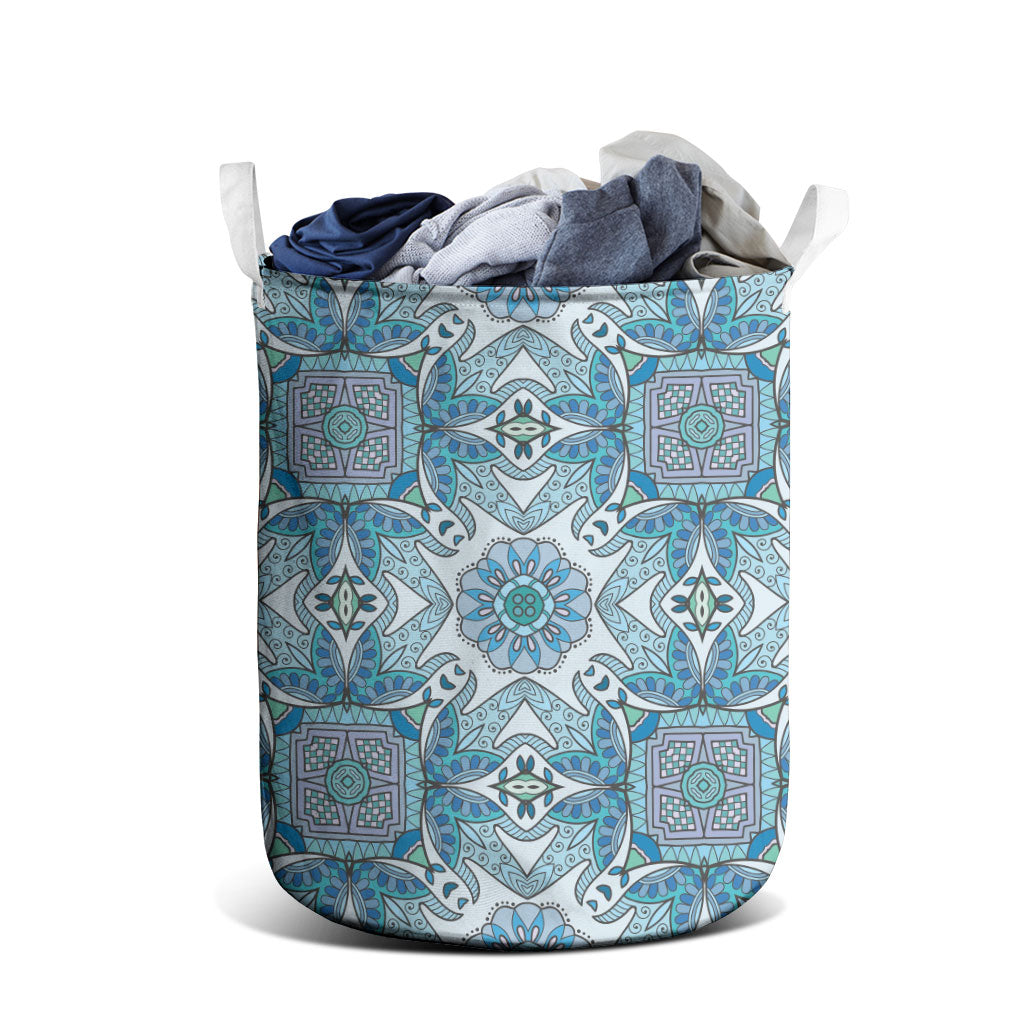 Indian Mandala Pattern Laundry Basket Blue Geometric Floral Mandala