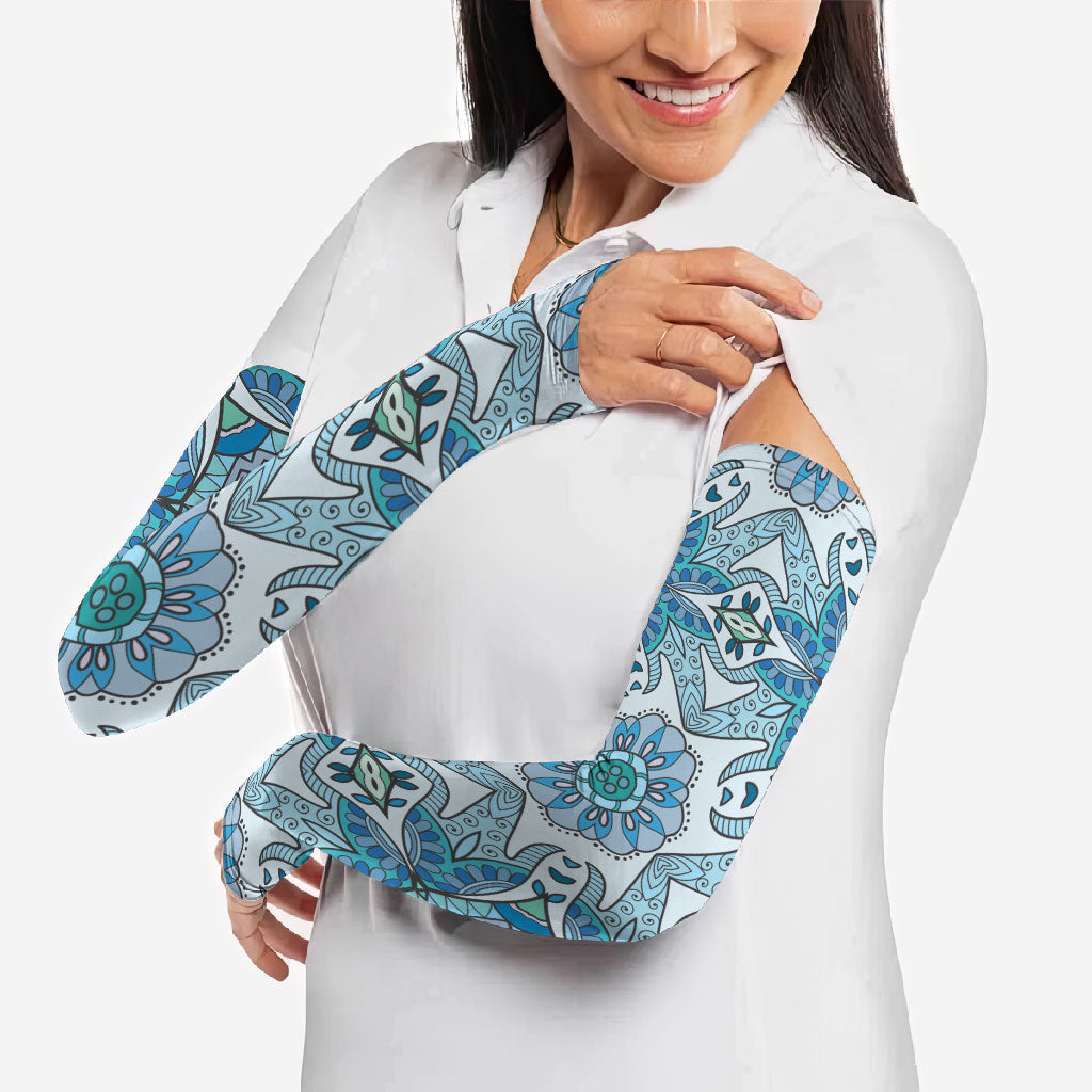 Indian Mandala Pattern Arm Sleeves Blue Geometric Floral Mandala