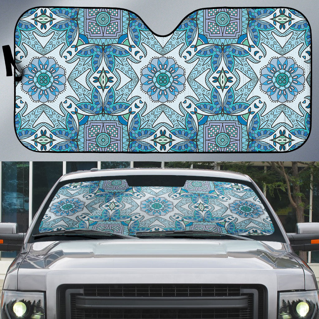 Indian Mandala Pattern Auto Sun Shade Blue Geometric Floral Mandala
