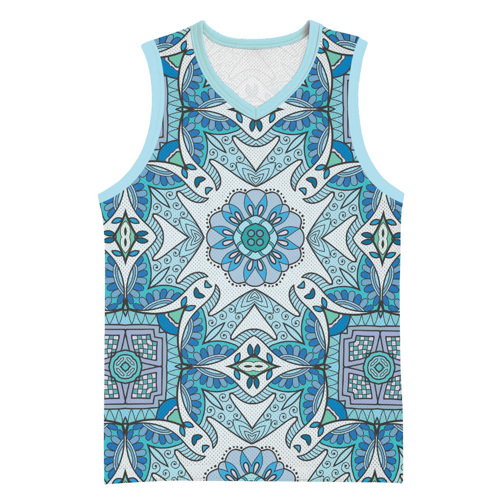 Indian Mandala Pattern Basketball Jersey Blue Geometric Floral Mandala