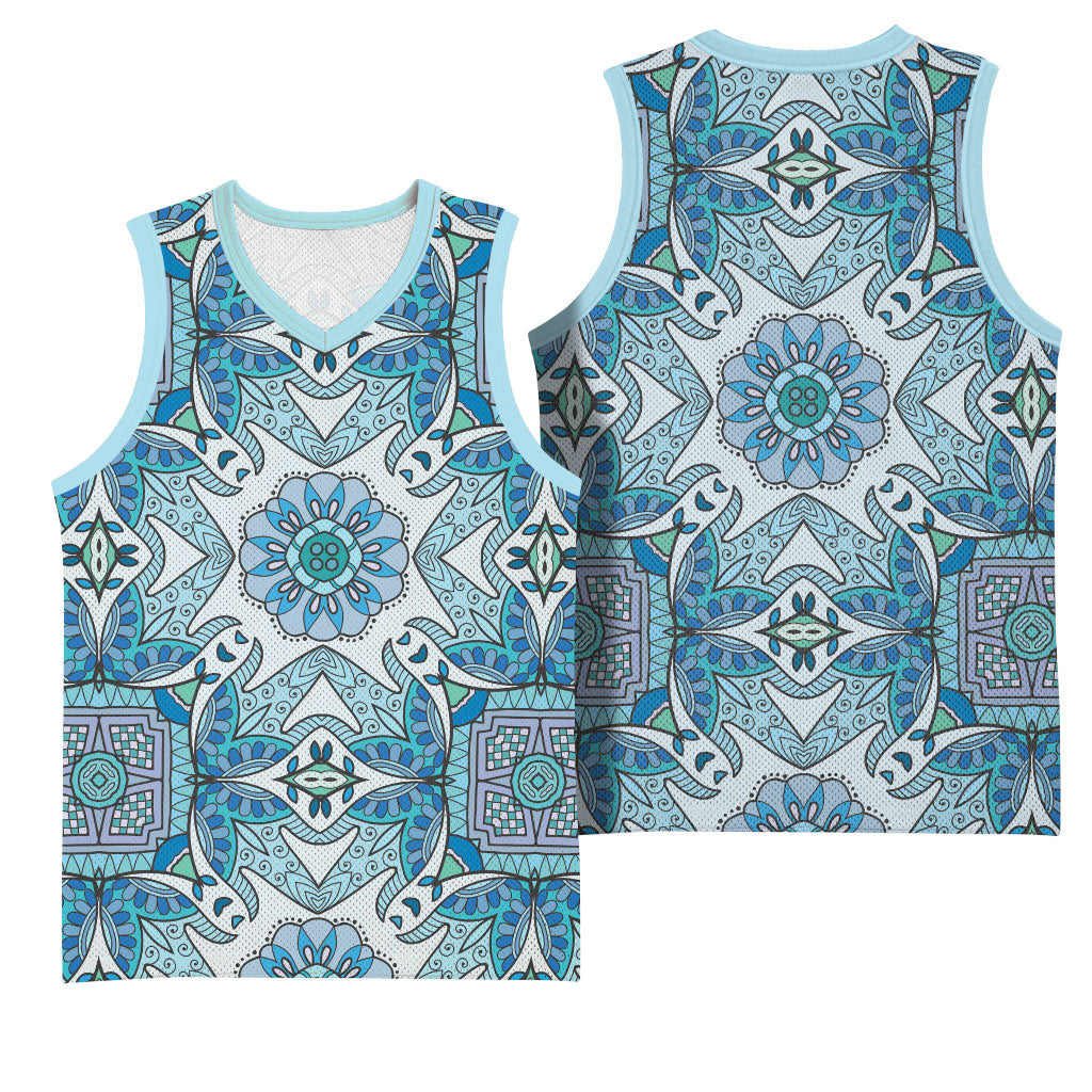 Indian Mandala Pattern Basketball Jersey Blue Geometric Floral Mandala