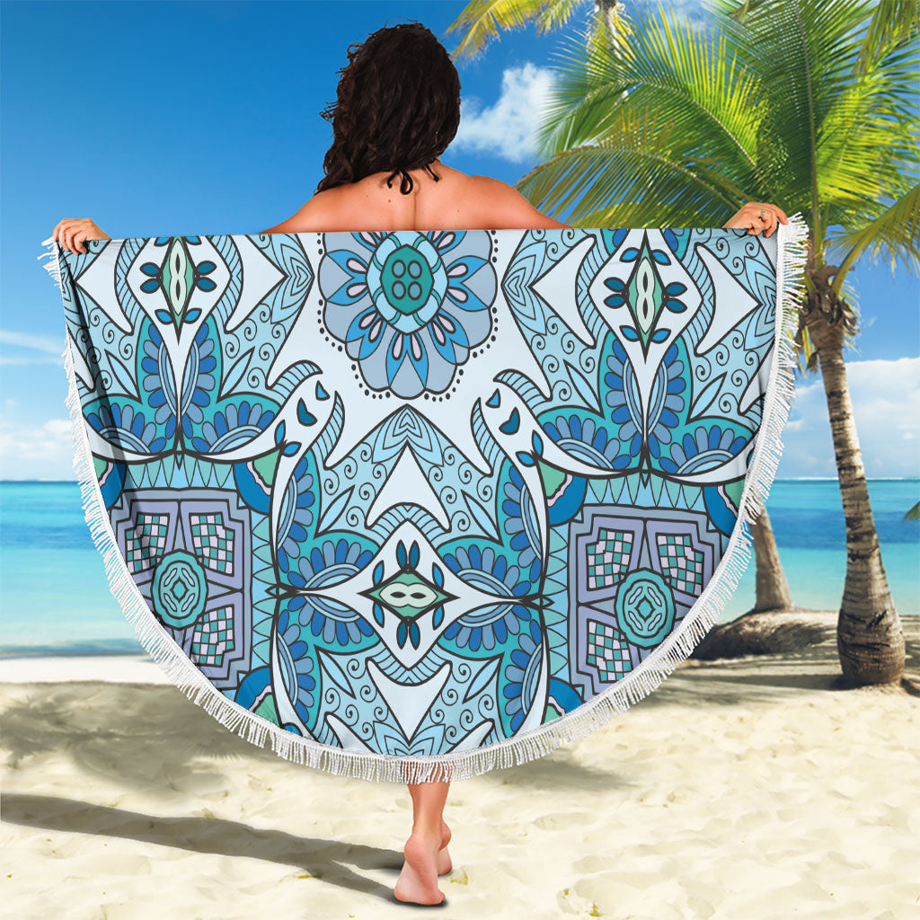 Indian Mandala Pattern Beach Blanket Blue Geometric Floral Mandala