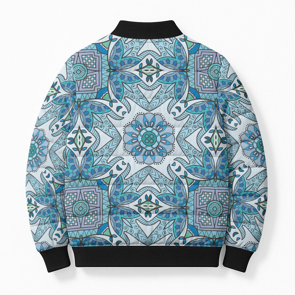 Indian Mandala Pattern Bomber Puffer Jacket Blue Geometric Floral Mandala