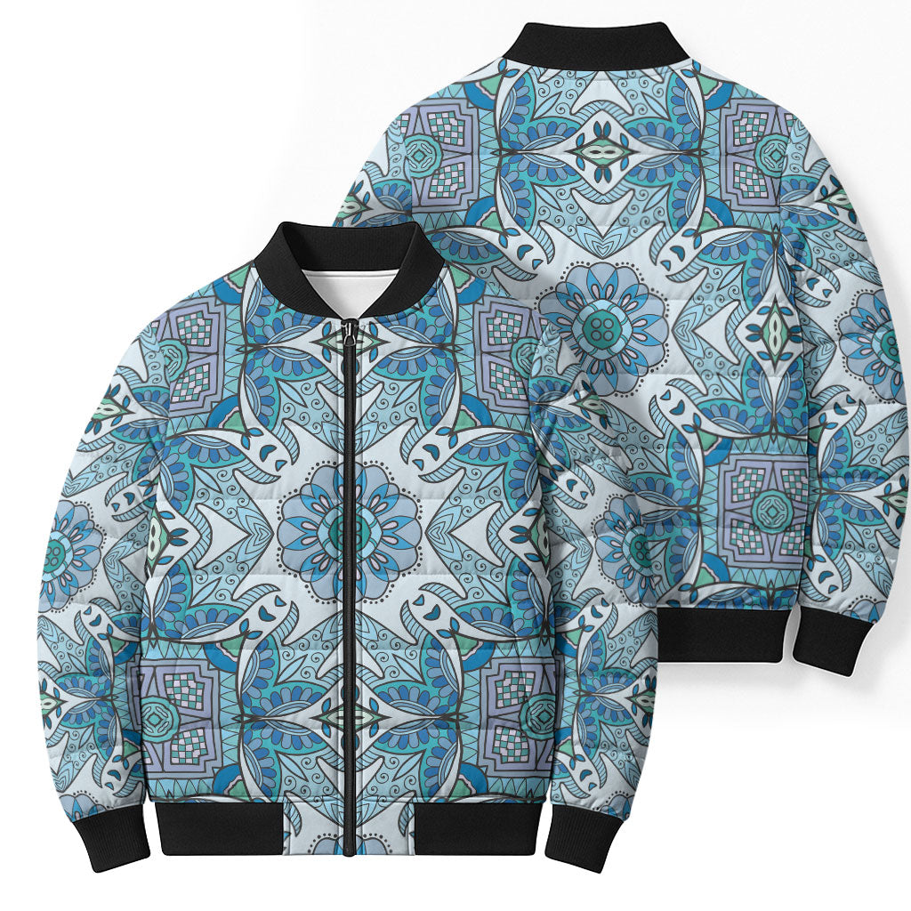 Indian Mandala Pattern Bomber Puffer Jacket Blue Geometric Floral Mandala